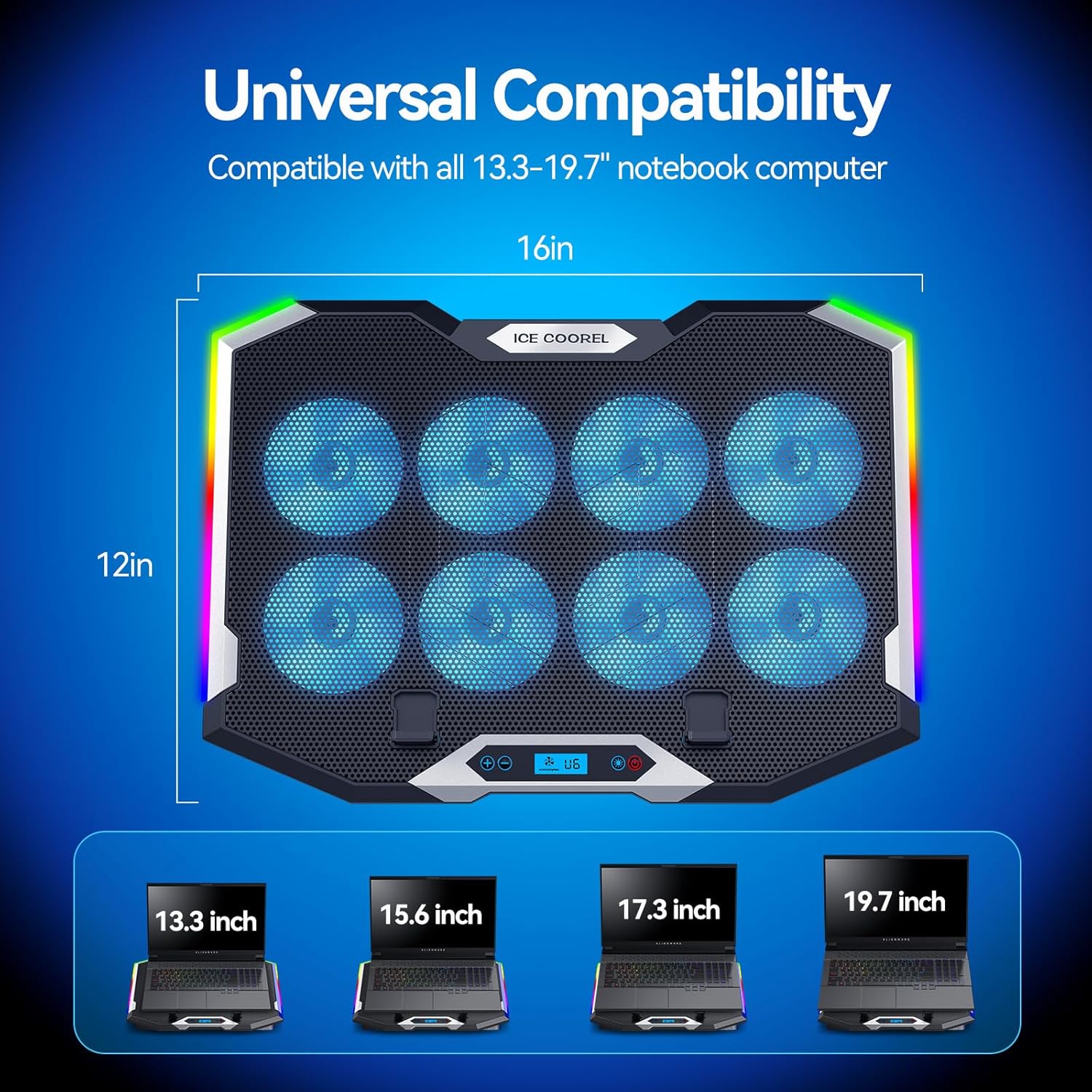 ICE COOREL Gaming Laptop Cooling Pad with 8 Cooling Fans, Laptop Fan Cooler Pad for 15-17.3 Inch, Notebook Cooler Stand with 6 Height Adjustable, RGB Cooling Pad with Two USB Port + Phone Stand