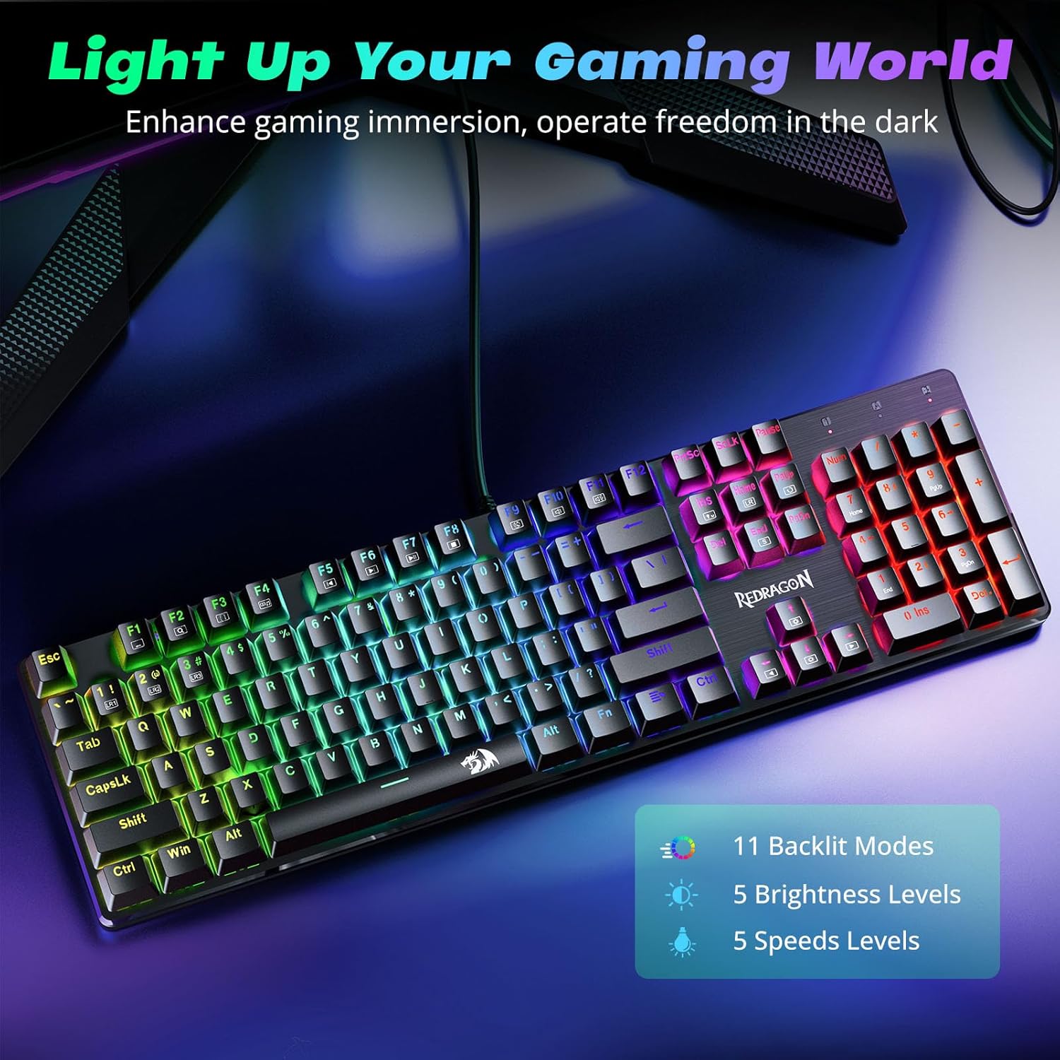 Redragon Mechanical Gaming Keyboard Wired, 11 Programmable Backlit Modes, Hot-Swappable Red Switch, Anti-Ghosting, Double-Shot PBT Keycaps, Light up Keyboard for PC Mac