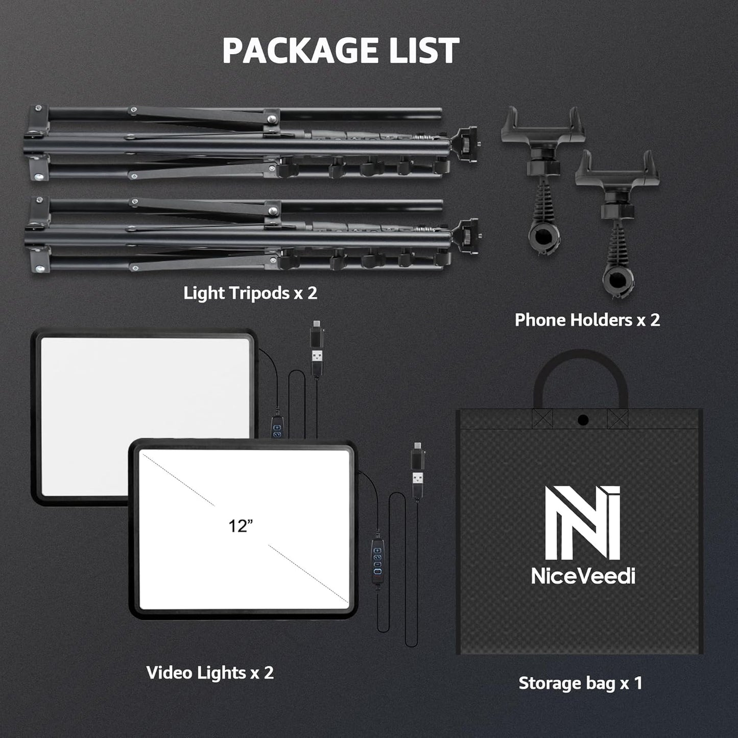 2-Pack LED Video Light Kit, Niceveedi Studio Light, 2800-6500K Dimmable Photography Lighting Kit with Tripod Stand&Phone Holder, 73" Stream Light for Video Recording, Game Streaming, Youtube