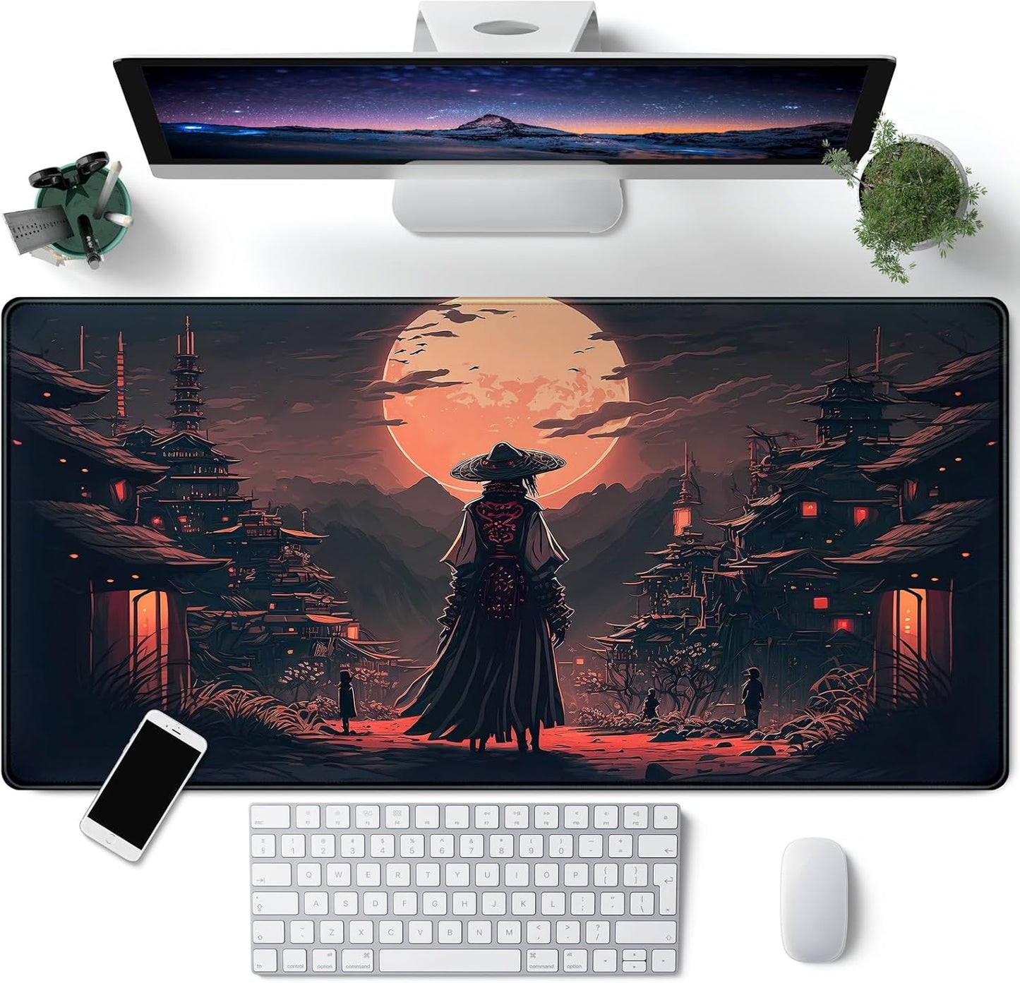 Japanese Desk Mat Riverside Full Moon Desk Pad Black Red Large Mouse Pad Gaming Mousepad Extended XXL Keyboard Pad 31.5 X 15.7 in Laptop Computer Mouse Keyboard Mat for Office Desk Decor