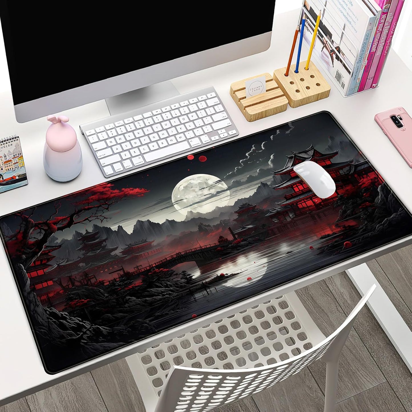 Japanese Desk Mat Riverside Full Moon Desk Pad Black Red Large Mouse Pad Gaming Mousepad Extended XXL Keyboard Pad 31.5 X 15.7 in Laptop Computer Mouse Keyboard Mat for Office Desk Decor