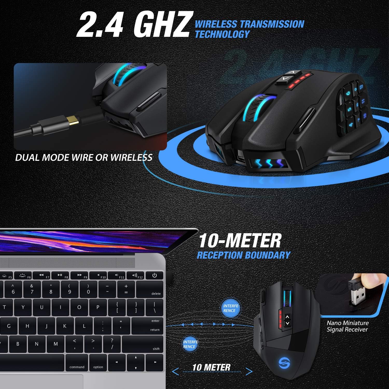 Utechsmart Venus Pro RGB Wireless MMO Gaming Mouse, 16,000 DPI Optical Sensor, 2.4 Ghz Transmission Technology, Ergonomic Design, 16M Chroma RGB Lighting, 16 Programmable Buttons, up to 70 Hours