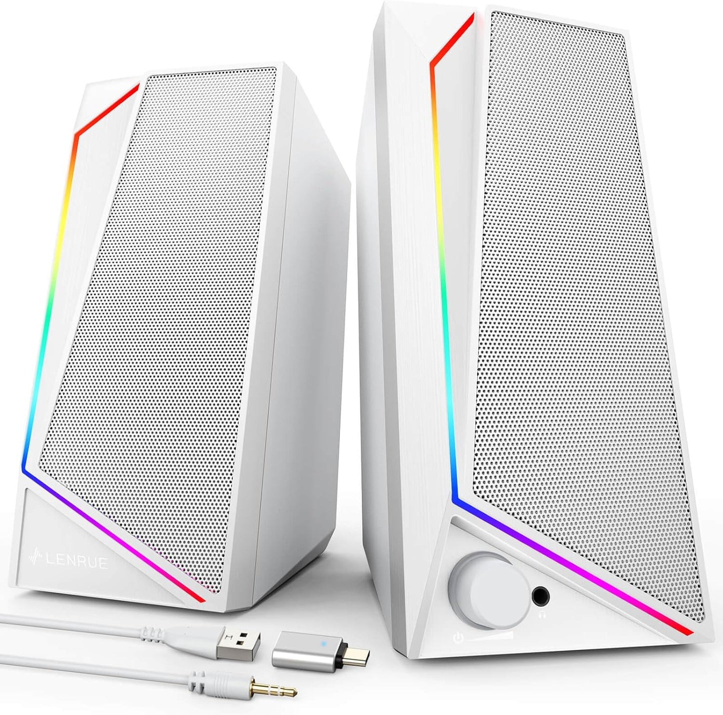 LENRUE Computer Speakers, USB/USB-C Powered PC Speakers with Loud Stereo Sound, Headphone-In for Desktop, Imac, Macbook, Laptop, Monitor (USB-C to USB Adapter Included)