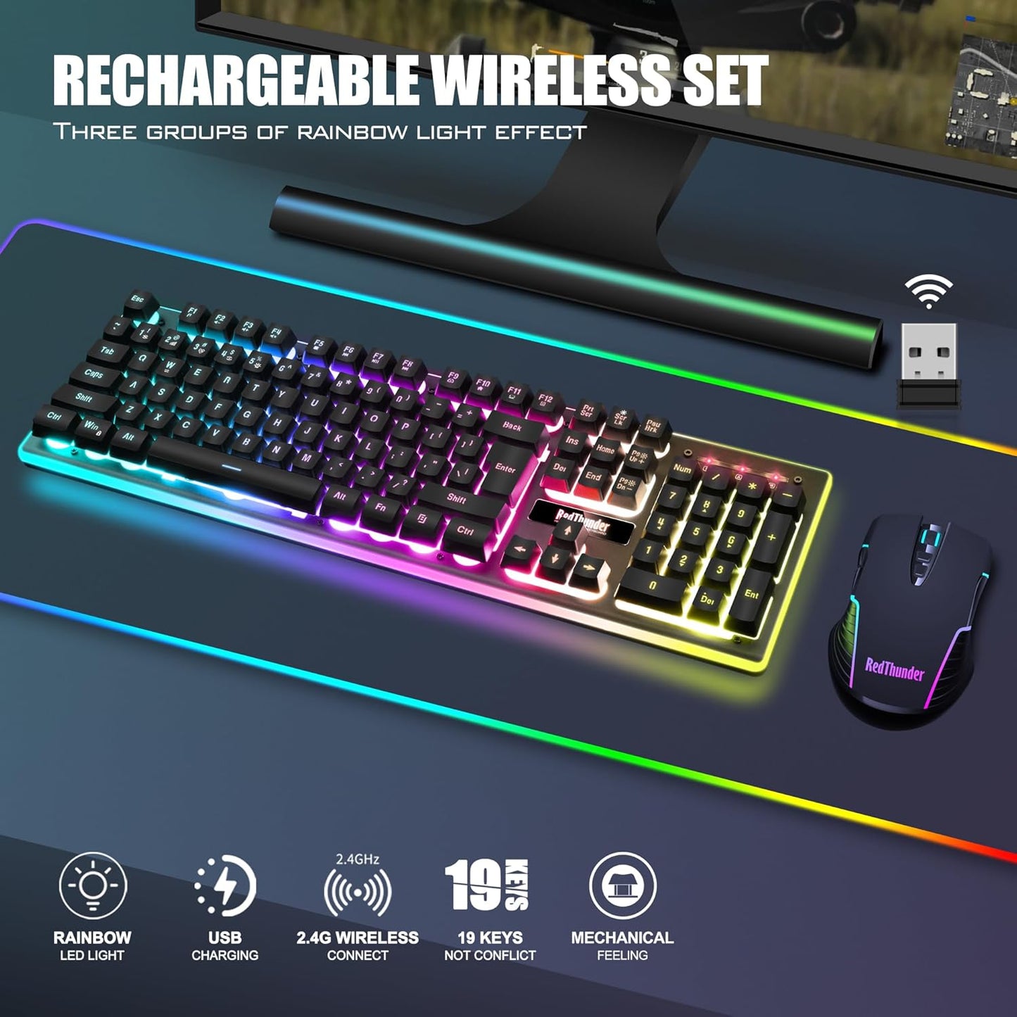 Redthunder K10 Wireless Gaming Keyboard and Mouse Combo, LED Backlit Rechargeable 3800Mah Battery, Mechanical Feel Anti-Ghosting Keyboard + 7D 3200DPI Mice for PC Gamer (Black)