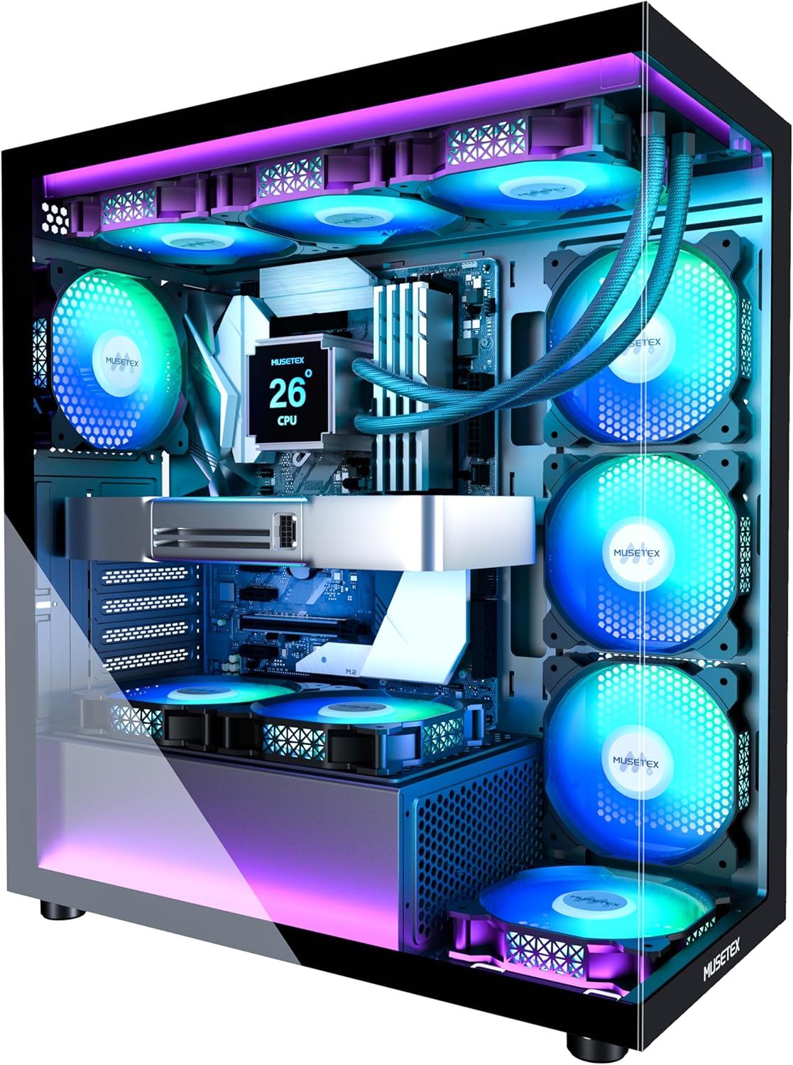 MUSETEX PC CASE ATX 6 PWM ARGB Fans Pre-Installed, Type-C Mid Tower Computer Case with Full-View Dual Tempered Glass, Gaming PC Case,Black(K2)