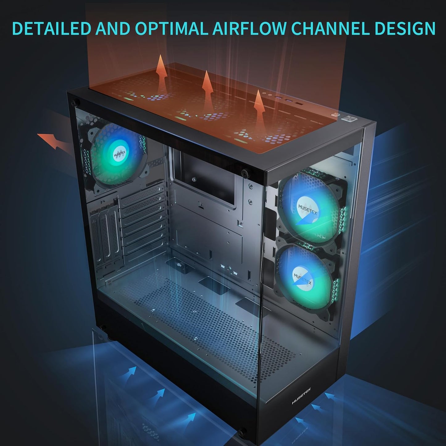 MUSETEX PC CASE ATX 6 PWM ARGB Fans Pre-Installed, Type-C Mid Tower Computer Case with Full-View Dual Tempered Glass, Gaming PC Case,Black(K2)