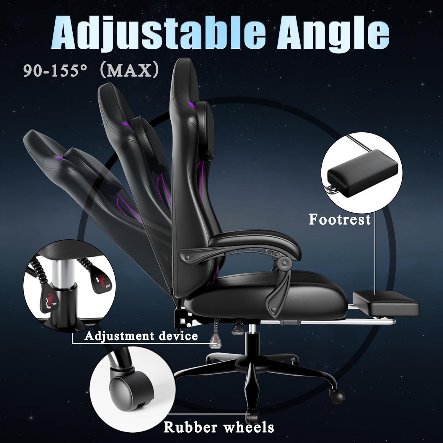 Ergonomic Gaming Chair, Video Game Chair with Pocket Spring Cushion and Footrest, Height Adjustable Computer Chair with Swivel Seat and Headrest (Purple)