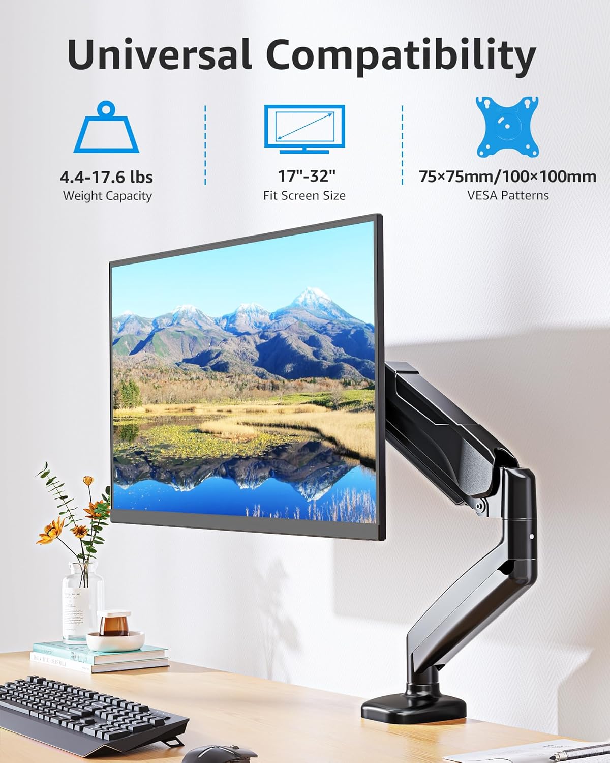 MOUNTUP Single Monitor Desk Mount Holds Screen up to 32 Inch, Height Adjustable Monitor Arm, Full Motion Computer Monitors Stand with Clamp/Grommet Base, VESA Mounts Fit 4.4-17.6Lbs Computer, Black