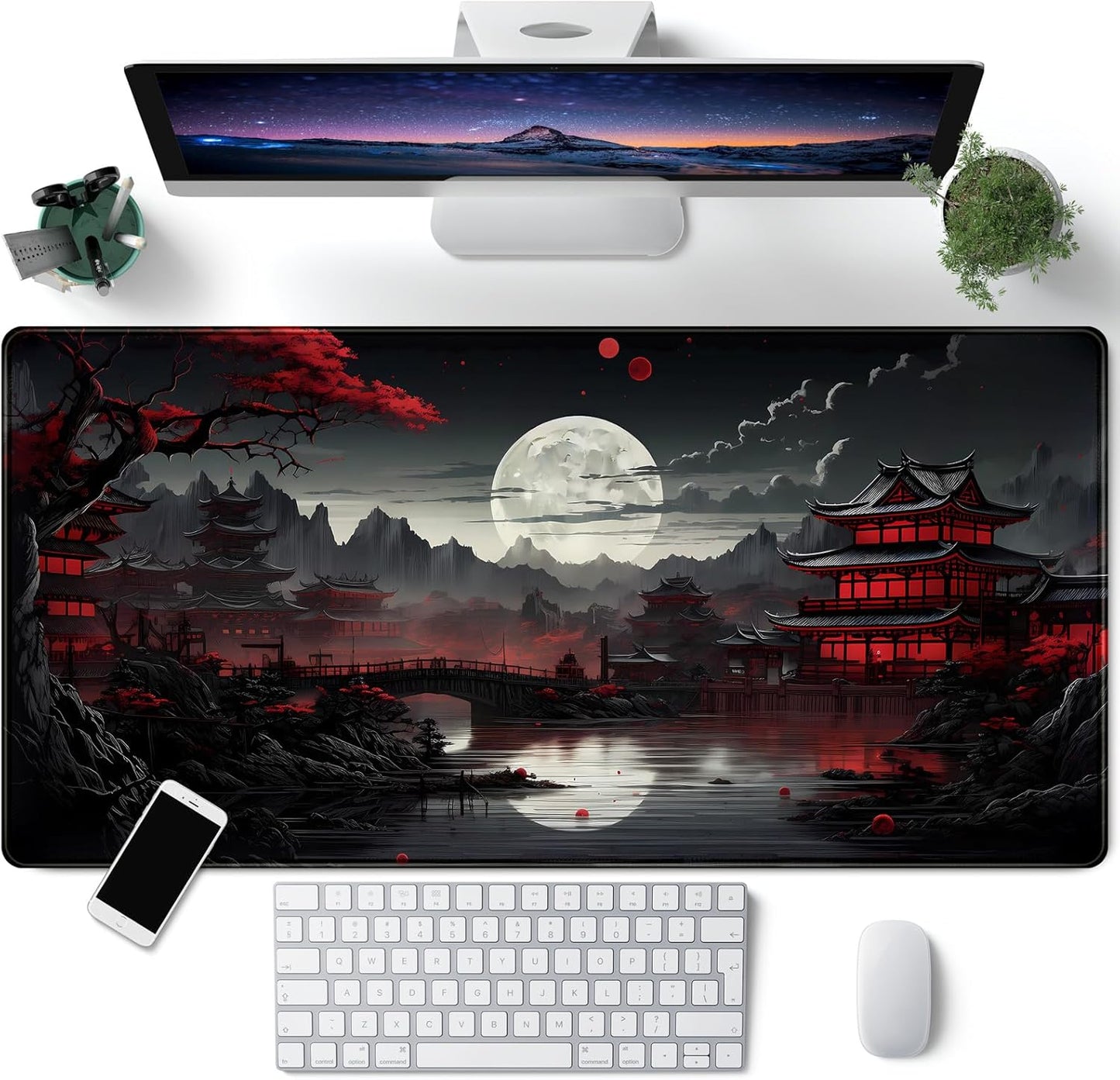 Japanese Desk Mat Riverside Full Moon Desk Pad Black Red Large Mouse Pad Gaming Mousepad Extended XXL Keyboard Pad 31.5 X 15.7 in Laptop Computer Mouse Keyboard Mat for Office Desk Decor