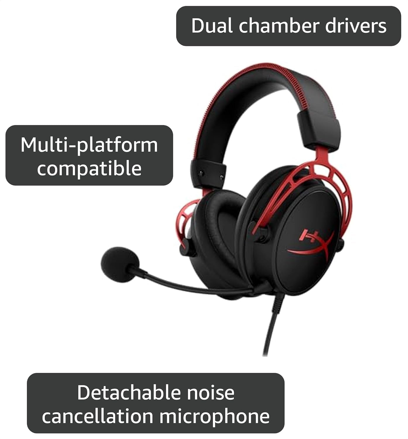 Hyperx Cloud Alpha - Gaming Headset, Dual Chamber Drivers, Legendary Comfort, Aluminum Frame, Detachable Microphone, Works on PC, PS4, PS5, Xbox One, Xbox Series X|S, Nintendo Switch and Mobile – Red | Dual-Chamber 50 Mm Drivers for Reduced Distortion, Durable Aluminum Frame, Memory-Foam Ear Cushions with Premium Leatherette