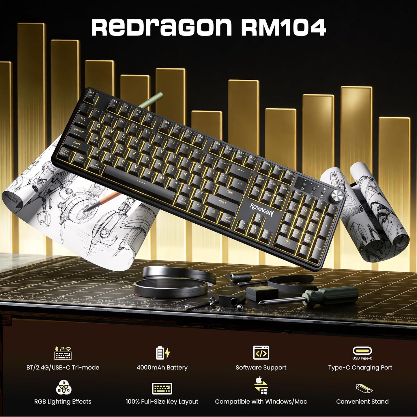 Redragon RM104 Wireless Gaming Keyboard with Knob, Tri-Mode BT/2.4G/USB-C RGB Computer Keyboards, 4000Mah Battery, Programmable Software Support, Anti-Ghosting, Compatible with PC Mac