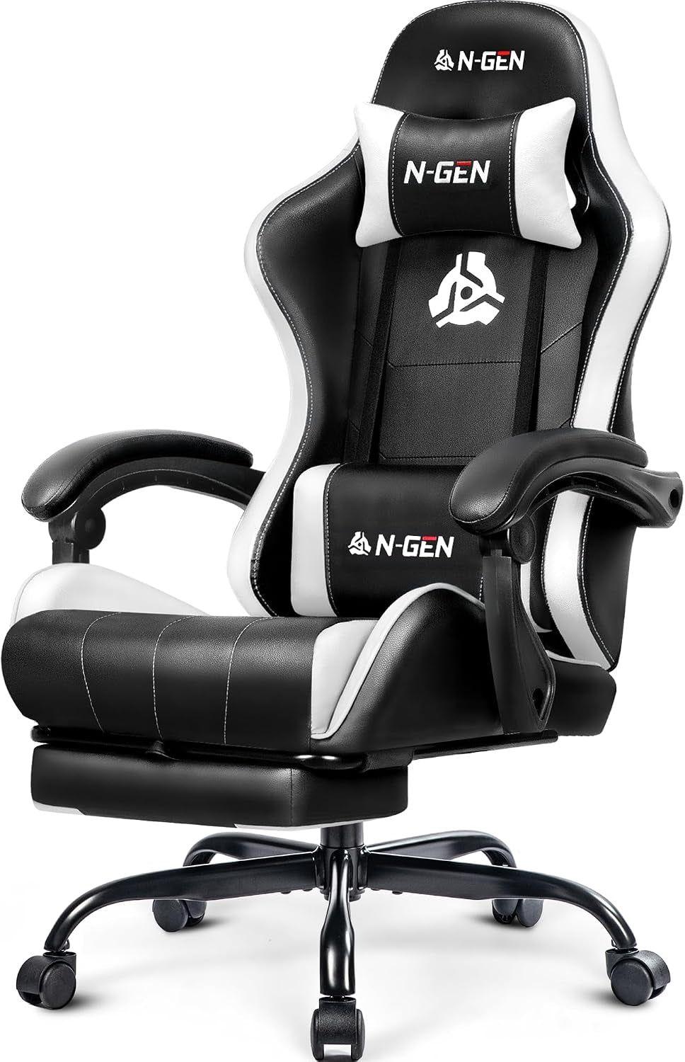 N-GEN GAMING Video Gaming Chair with Footrest Lumbar Support for Home Office High Back Recliner Height Adjustable Ergonomic Comfy Leather Computer Desk Chair (Carbon Black)