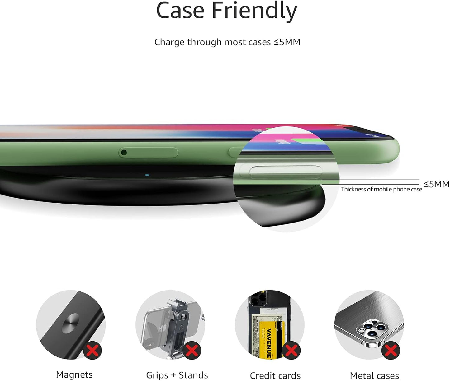 Amazon Basics Wireless Charger, 15W Qi Certified Wireless Charging Pad with USB Cable, Compatible with Iphone 15/14/13/12/11/X, Samsung & LG, Case Compatible, Black