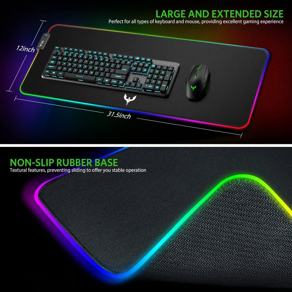 Bladehawks Extra Large RGB Gaming Mouse Pad-14 Light Modes, Extended Soft LED Mouse Pad, Anti-Slip Rubber Base, Computer Keyboard Mousepad Mat (31.5 X 12 Inch)