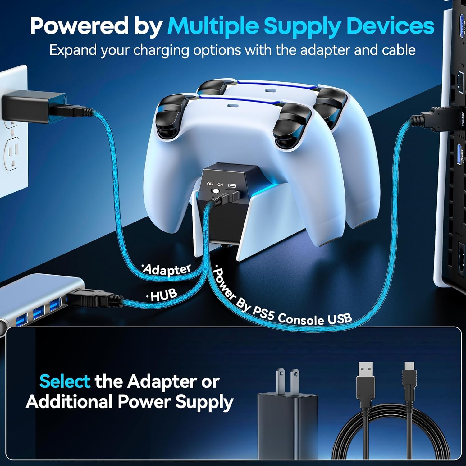 OIVO PS5 Controller Charger with Fast Charging AC Adapter, PS5 Controller Charging Station Stand for Playstation 5, Docking Station Replacement for PS 5 Accessories Kits