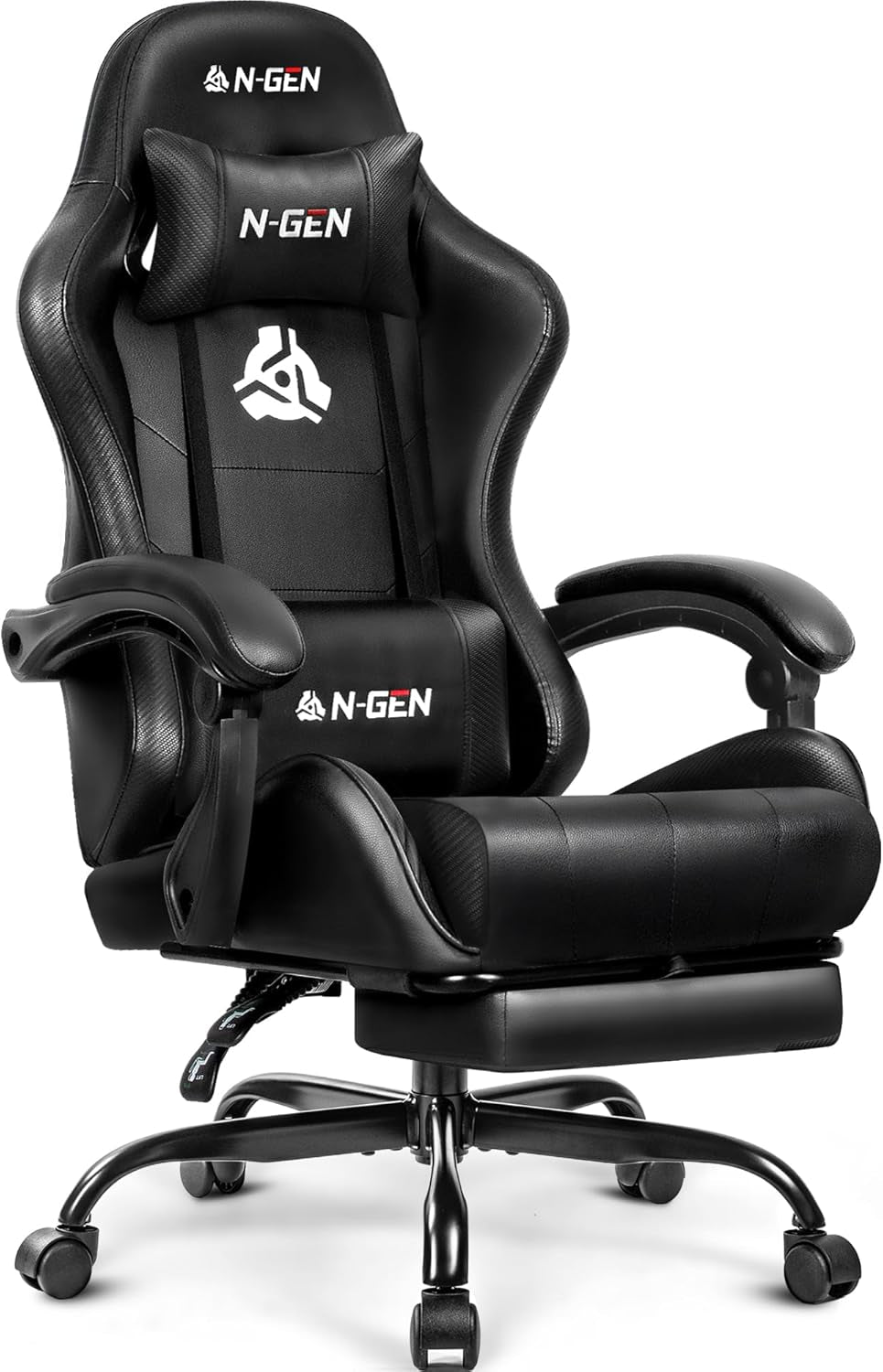 N-GEN GAMING Video Gaming Chair with Footrest Lumbar Support for Home Office High Back Recliner Height Adjustable Ergonomic Comfy Leather Computer Desk Chair (Carbon Black)