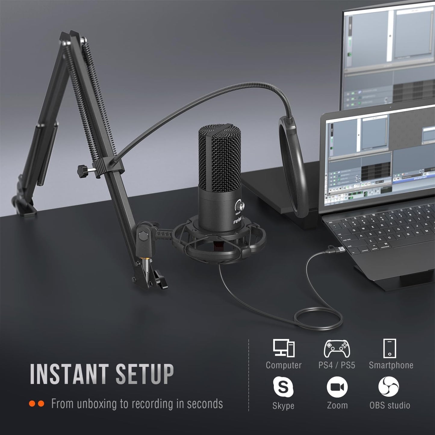 FIFINE Studio Condenser USB Microphone Computer PC Microphone Kit with Adjustable Boom Arm Stand Shock Mount for Instruments Voice Overs Recording Podcasting Youtube Vocal Gaming Streaming-T669