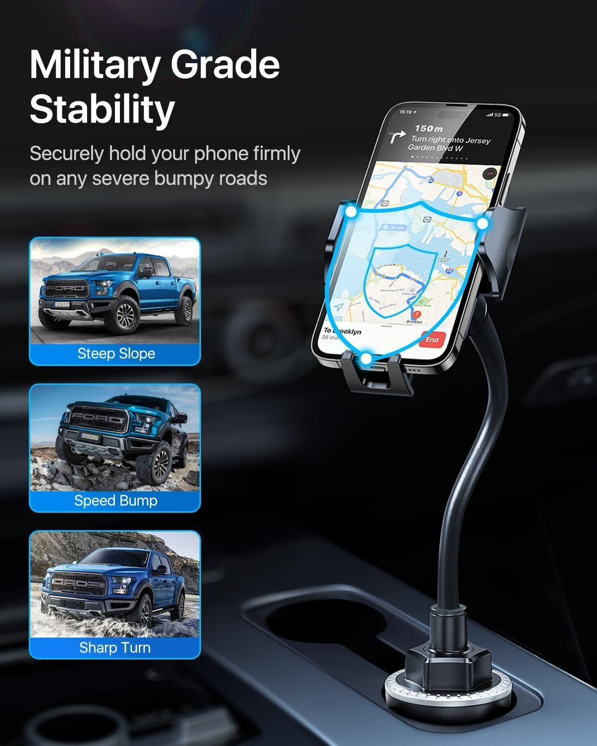 Andobil Military-Grade Cup Holder Phone Holder, [Solidest Metal Gooseneck] Universal Cup Phone Holders for Your Car Truck Golf, 360° Adjustable Cup Holder Cell Phone Mount for Iphone Samsung Google