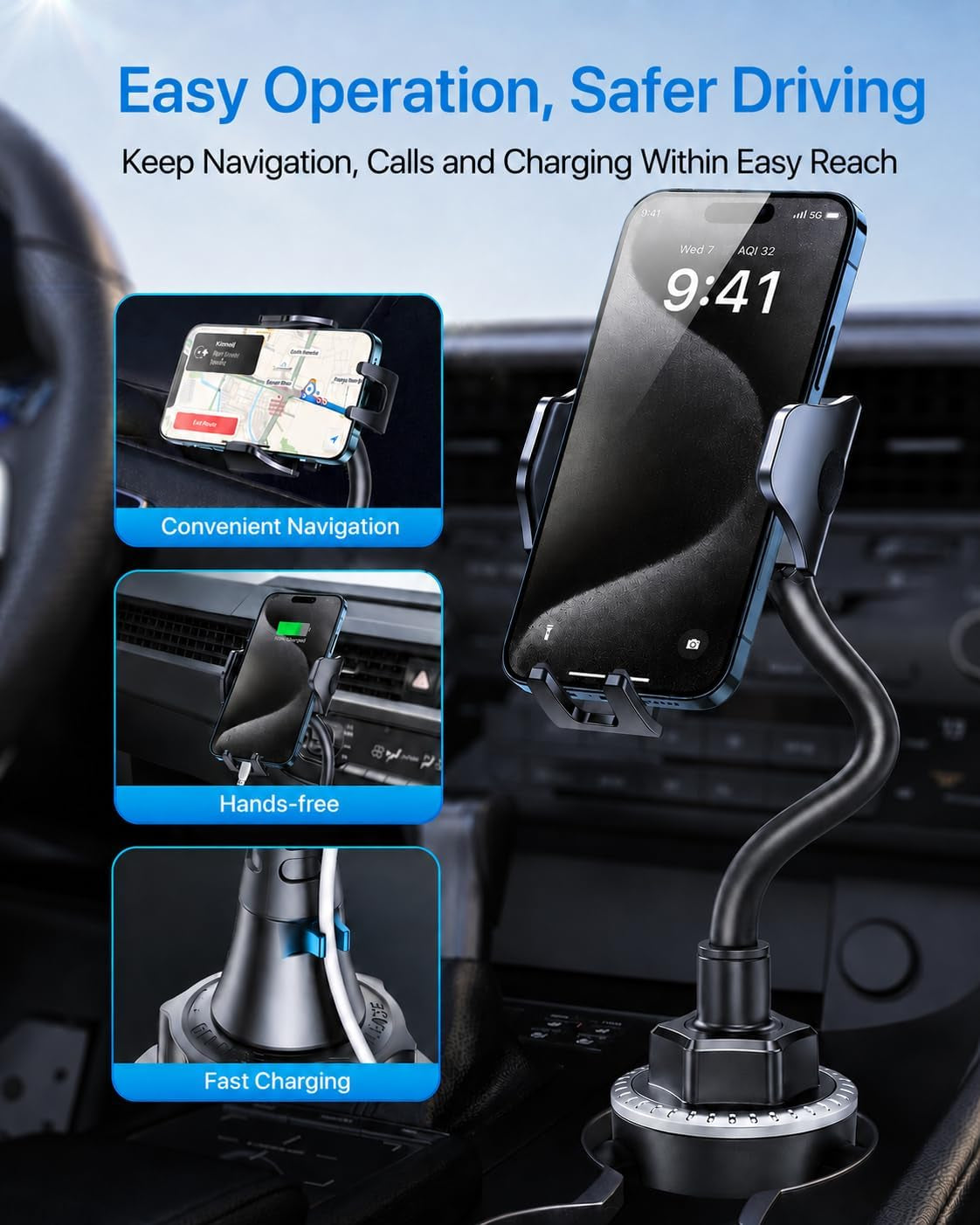 Andobil Military-Grade Cup Holder Phone Holder, [Solidest Metal Gooseneck] Universal Cup Phone Holders for Your Car Truck Golf, 360° Adjustable Cup Holder Cell Phone Mount for Iphone Samsung Google