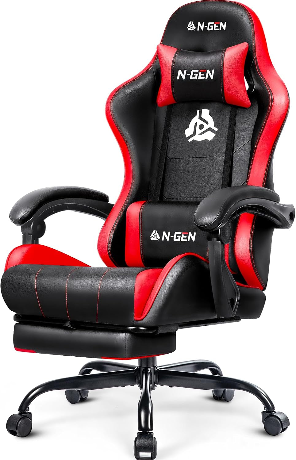 N-GEN GAMING Video Gaming Chair with Footrest Lumbar Support for Home Office High Back Recliner Height Adjustable Ergonomic Comfy Leather Computer Desk Chair (Carbon Black)