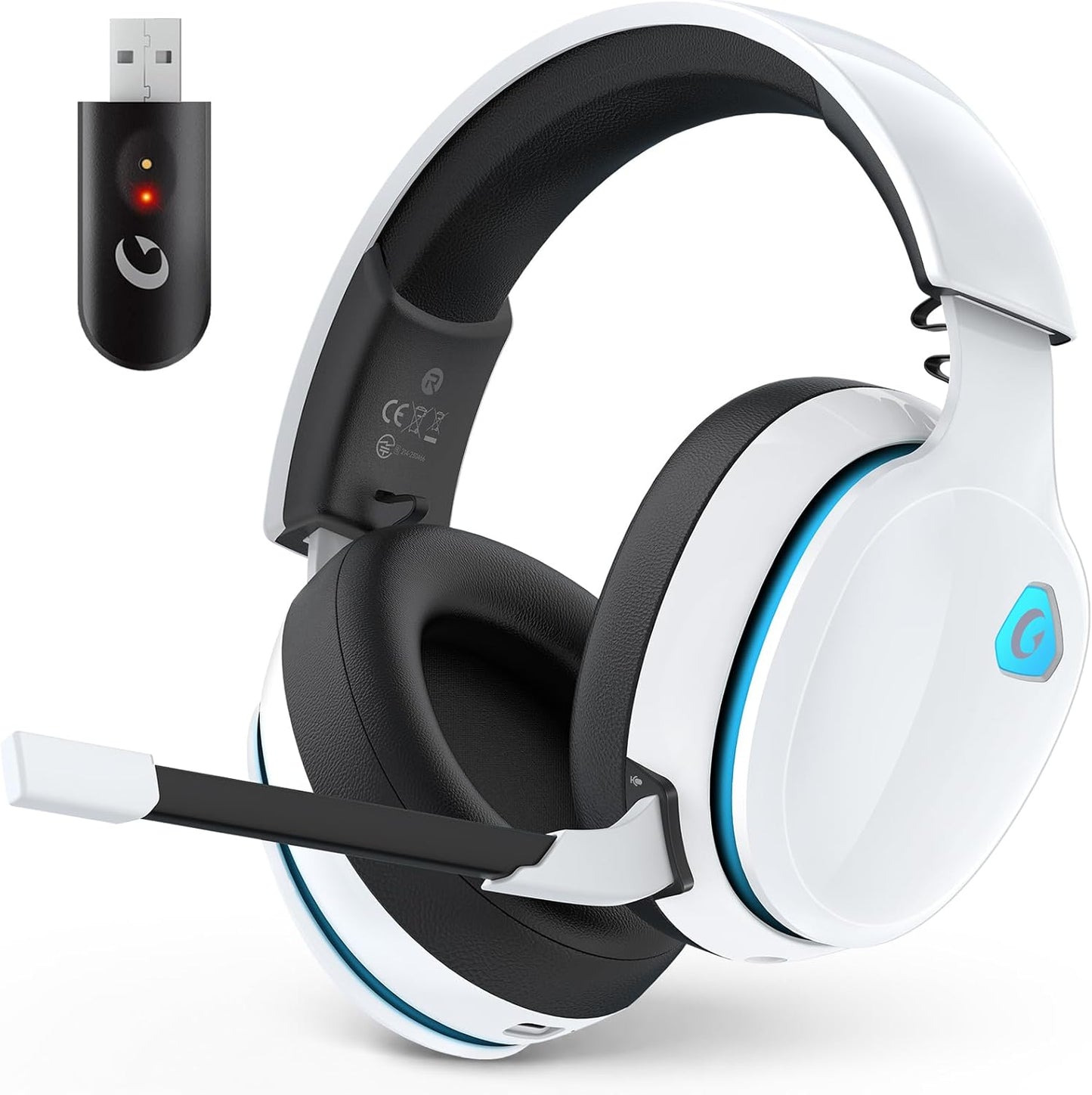 AOC 2.4Ghz Wireless Gaming Headset for PS5, PS4 Fortnite & Call of Duty/Fps Gamers, PC, Switch, Bluetooth 6.0 Gaming Headphones with Noise Canceling Mic, 7.1 Virtual Surround, 45Hr Battery -White