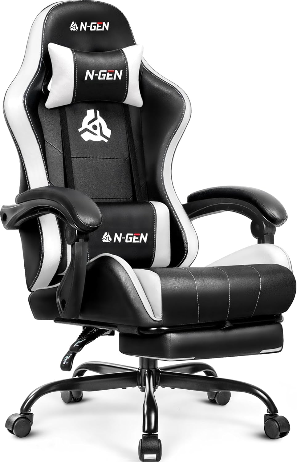 N-GEN GAMING Video Gaming Chair with Footrest Lumbar Support for Home Office High Back Recliner Height Adjustable Ergonomic Comfy Leather Computer Desk Chair (Carbon Black)