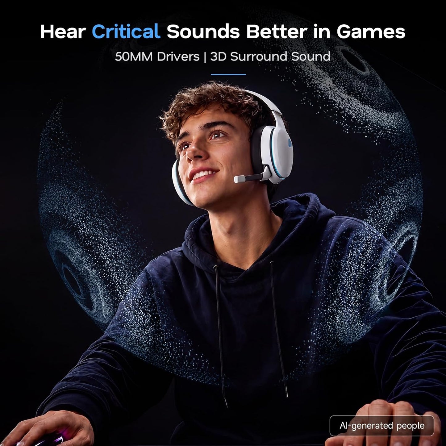 AOC 2.4Ghz Wireless Gaming Headset for PS5, PS4 Fortnite & Call of Duty/Fps Gamers, PC, Switch, Bluetooth 6.0 Gaming Headphones with Noise Canceling Mic, 7.1 Virtual Surround, 45Hr Battery -White