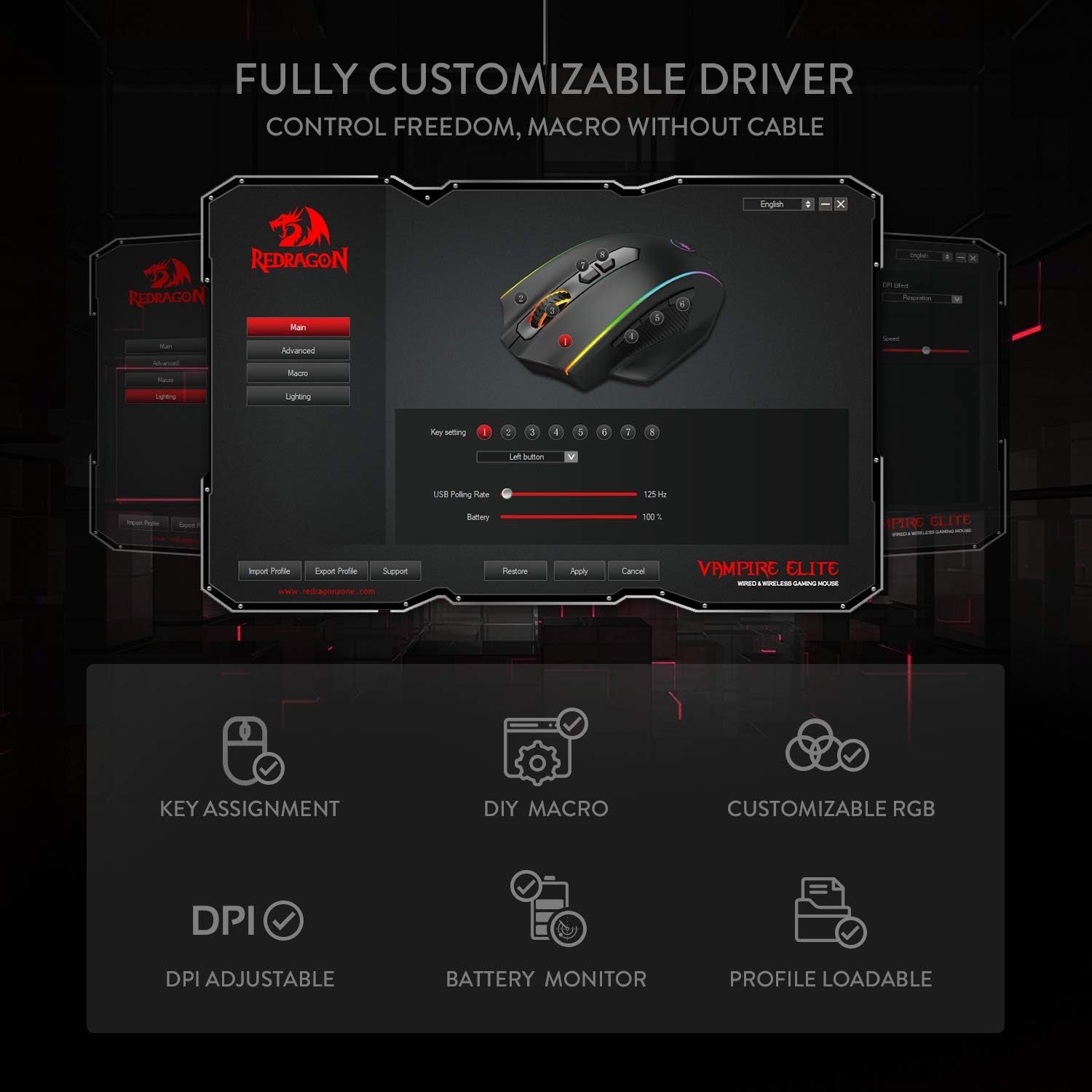 Redragon M686 Wireless Gaming Mouse, 16000 DPI Wired/Wireless Gamer Mouse with Professional Sensor, 45-Hour Reliable Power Capacity, Customizable Macro and RGB Backlight for Pc/Mac/Laptop