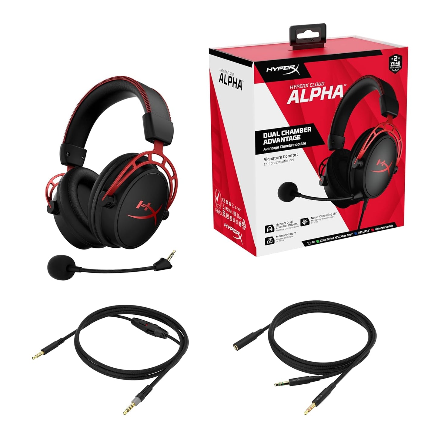 Hyperx Cloud Alpha - Gaming Headset, Dual Chamber Drivers, Legendary Comfort, Aluminum Frame, Detachable Microphone, Works on PC, PS4, PS5, Xbox One, Xbox Series X|S, Nintendo Switch and Mobile – Red | Dual-Chamber 50 Mm Drivers for Reduced Distortion, Durable Aluminum Frame, Memory-Foam Ear Cushions with Premium Leatherette