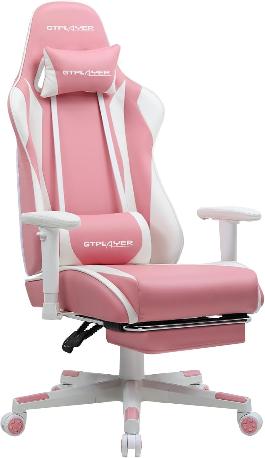 GTPLAYER Gaming Chair with Footrest, Ergonomic Computer Game Desk Chair, Reclining Gamer Chair Seat Height Adjustment, Swivel Rocker with Headrest and Lumbar (Blue)