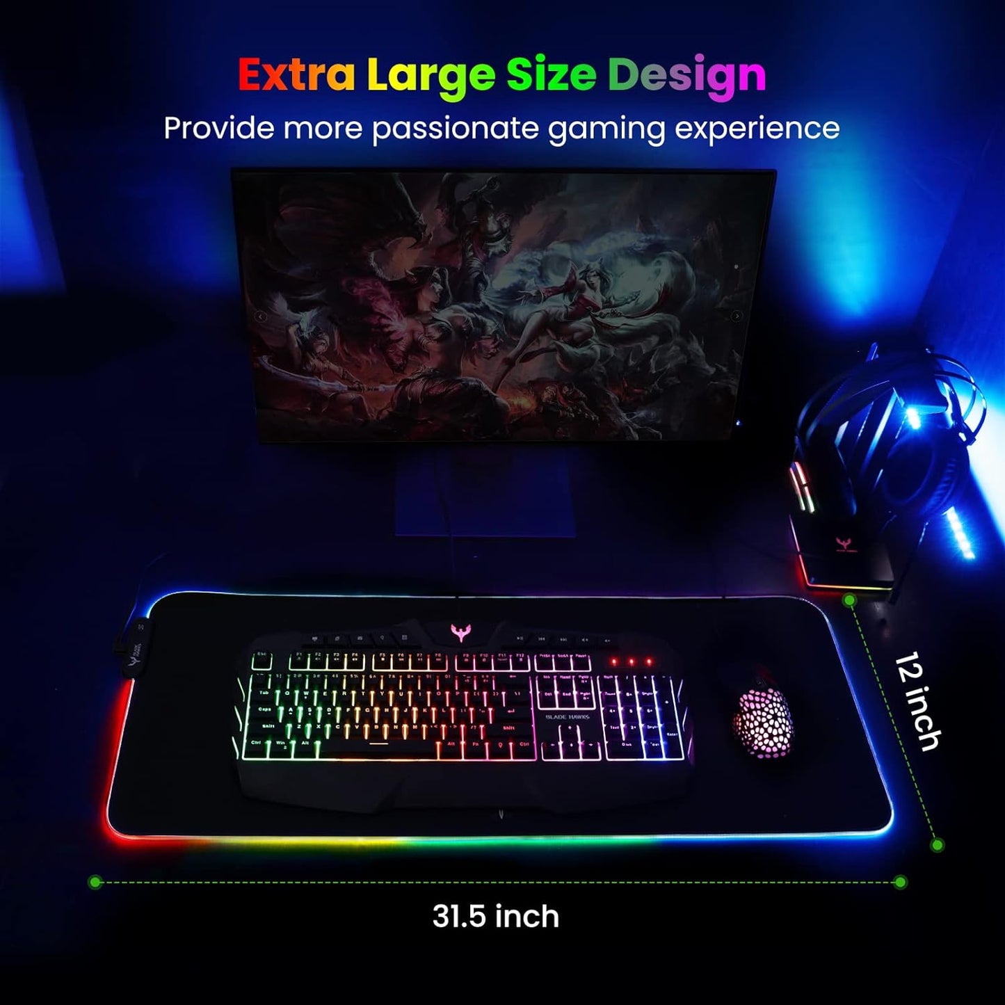 Bladehawks Extra Large RGB Gaming Mouse Pad-14 Light Modes, Extended Soft LED Mouse Pad, Anti-Slip Rubber Base, Computer Keyboard Mousepad Mat (31.5 X 12 Inch)