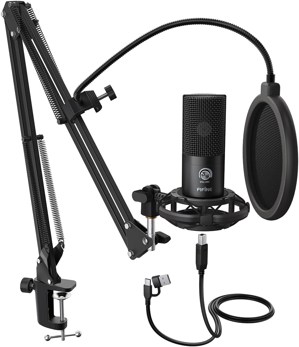 FIFINE Studio Condenser USB Microphone Computer PC Microphone Kit with Adjustable Boom Arm Stand Shock Mount for Instruments Voice Overs Recording Podcasting Youtube Vocal Gaming Streaming-T669