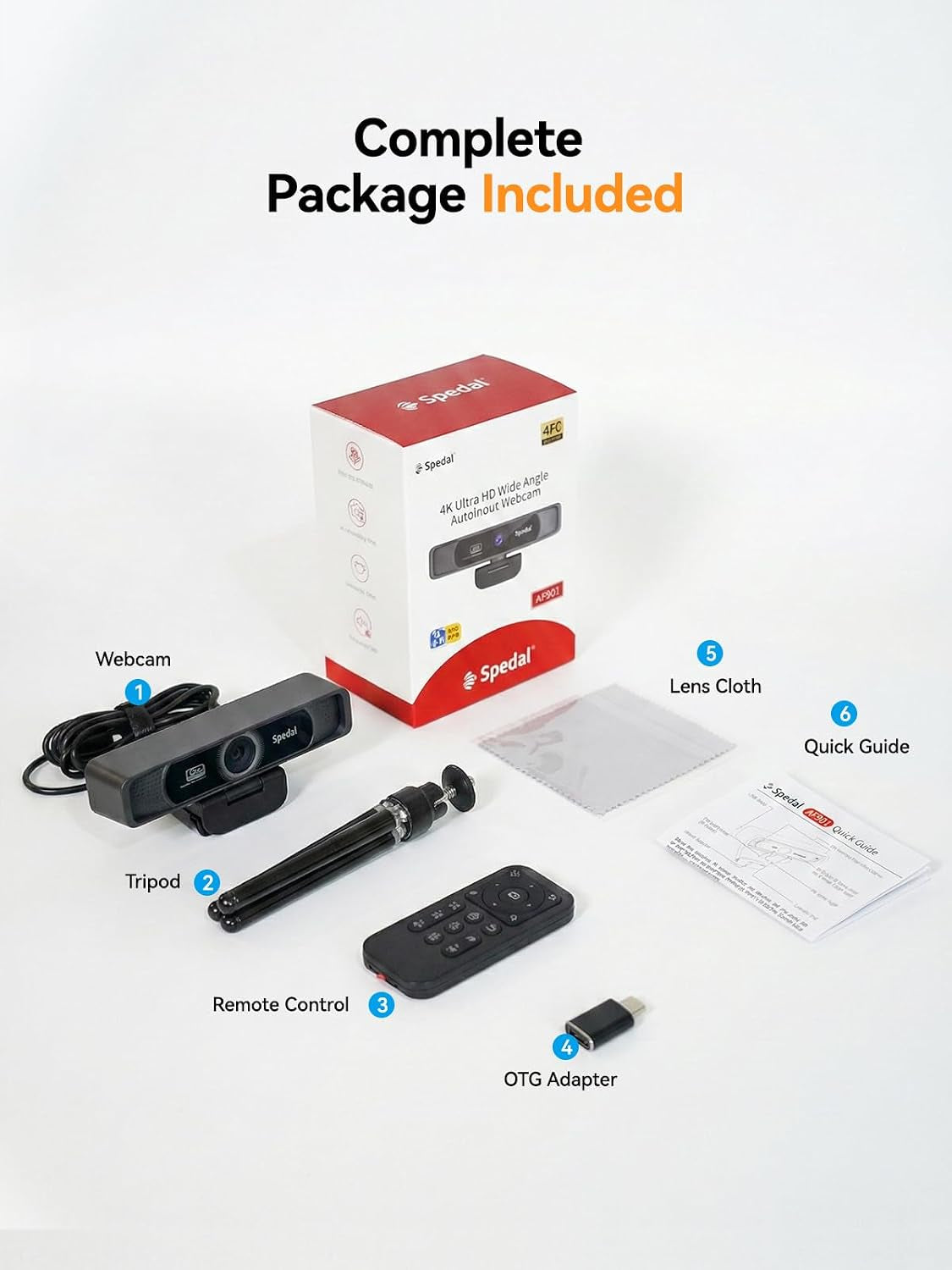 Spedal 4K Webcam with Tripod, Wide Angle 120° USB Webcam, Sony 1/2.8" Sensor, Dual Microphones, Remote Control, Auto Focus for Video Conferencing, Online Meetings, Streaming, Zoom & Teams