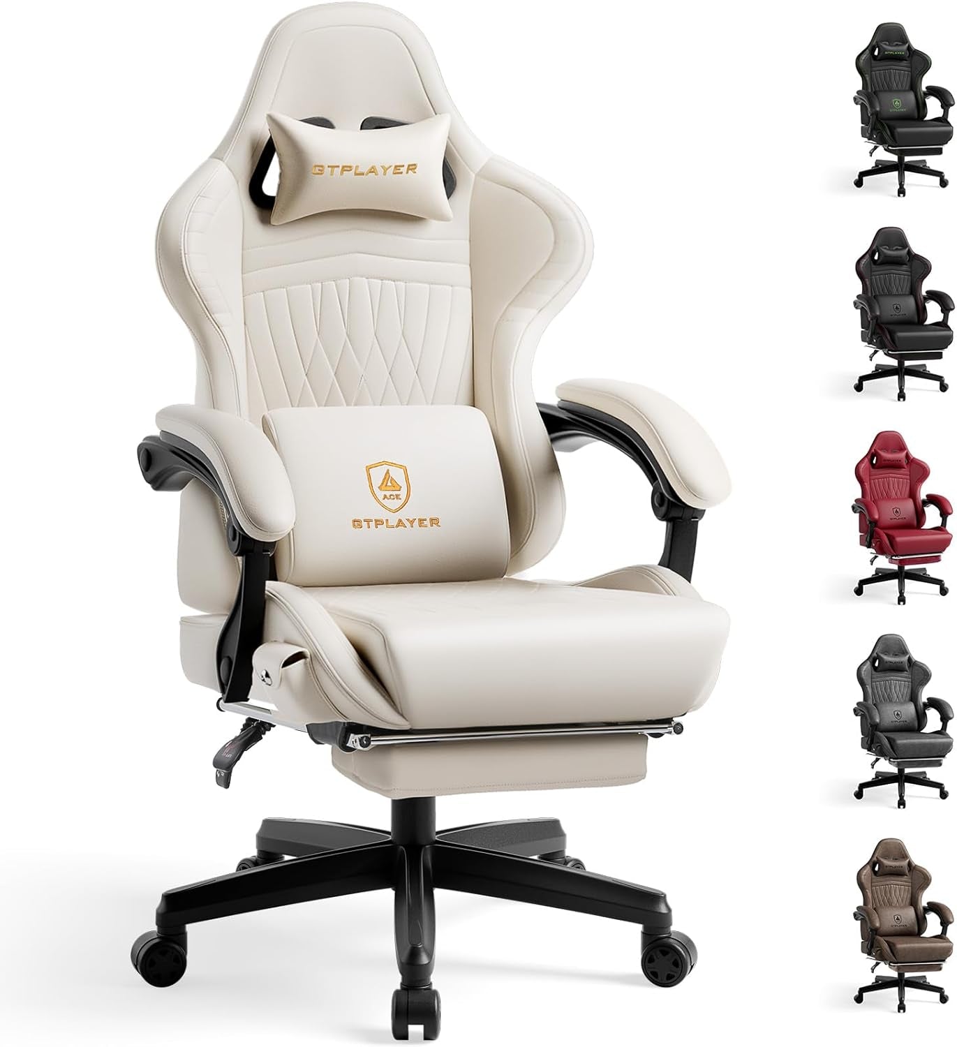GTPLAYER Gaming Chair for Adults, Ergonomic Computer Game Chairs with Speakers, Footrest & Linkage Armrest, Reclining High Back Silla Gamer for Home Office, Ace Pro, Off-White