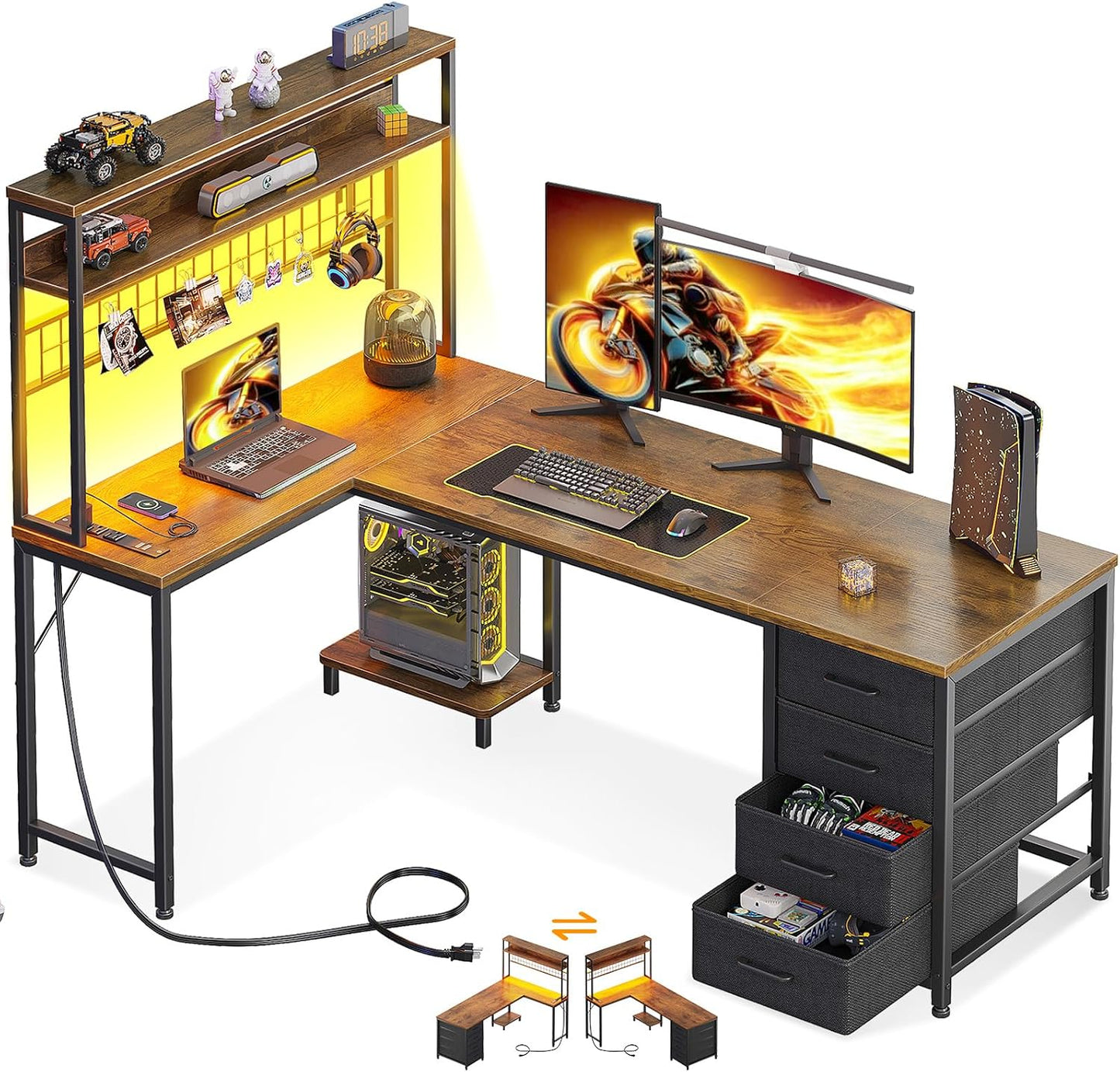 AODK L Shaped Desk Gaming Desk with LED Light & Power Outlet, 53 Inch Reversible L Shaped Computer Table with Shelf & Storage Bag & Hook for Home Office, Black