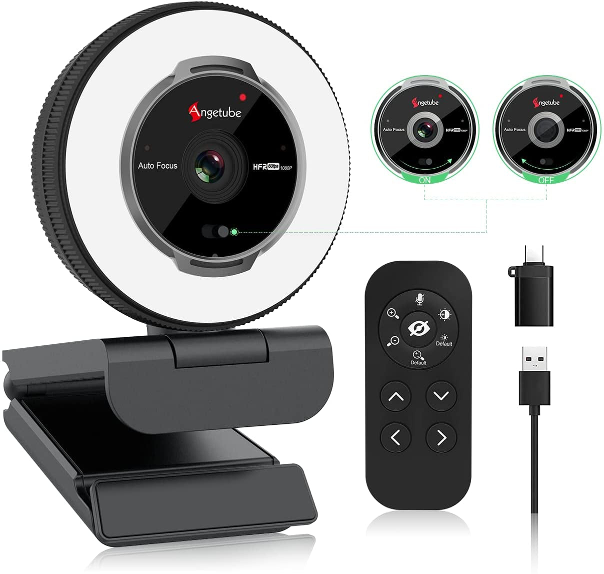 Angetube Streaming Webcam with Microphone, USB 1080P Web Cam W/Ring Light | Remote Control, 1080P@60FPS, 5X Digital Zoom, Built in Privacy Cover, HD Computer Web Camera for Desktop, PC, Laptop, Mac