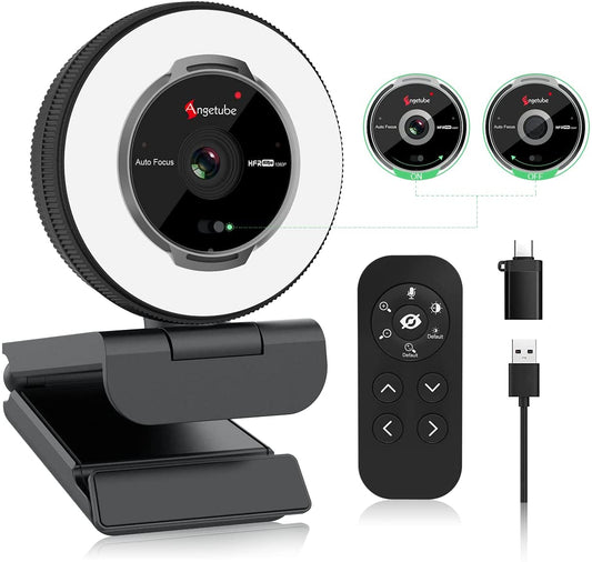 Angetube Streaming Webcam with Microphone, USB 1080P Web Cam W/Ring Light | Remote Control, 1080P@60FPS, 5X Digital Zoom, Built in Privacy Cover, HD Computer Web Camera for Desktop, PC, Laptop, Mac