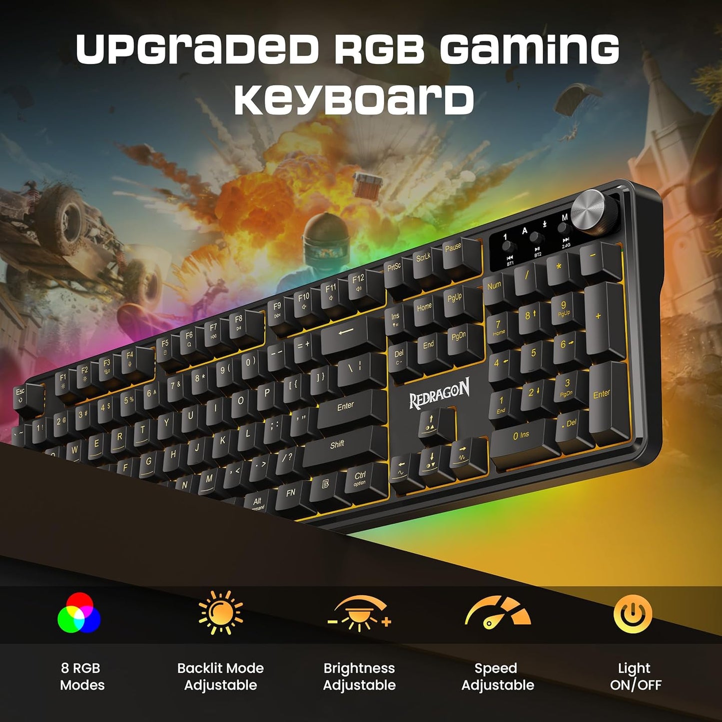 Redragon RM104 Wireless Gaming Keyboard with Knob, Tri-Mode BT/2.4G/USB-C RGB Computer Keyboards, 4000Mah Battery, Programmable Software Support, Anti-Ghosting, Compatible with PC Mac